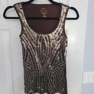 Michael Kors Brown Ribbed Sequin Tank Top Small 100% Cotton Sleeveless MK Logo